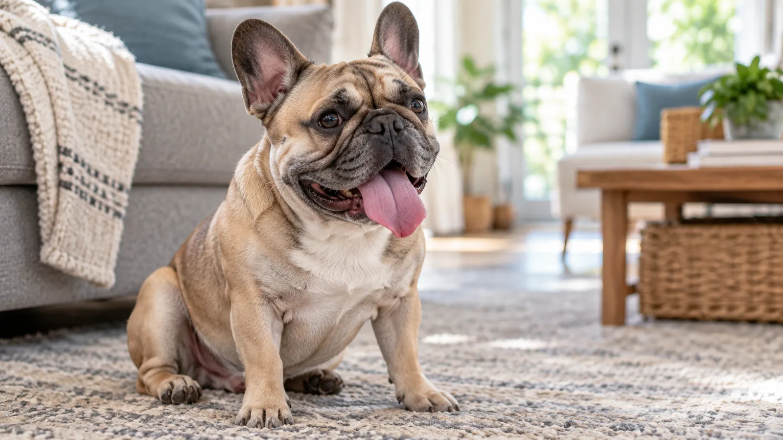 A fawn French bulldog sitting on a living room rug, mouth open and tongue out, panting