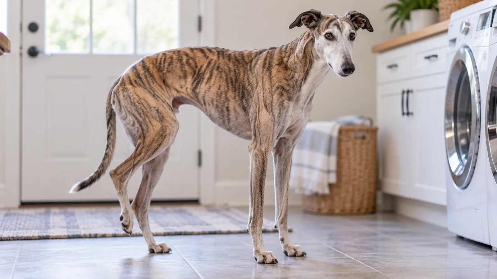 A tall, slender brindle greyhound standing alert on the tiled floor of a bright home laundry room lifting one rear leg in a limp