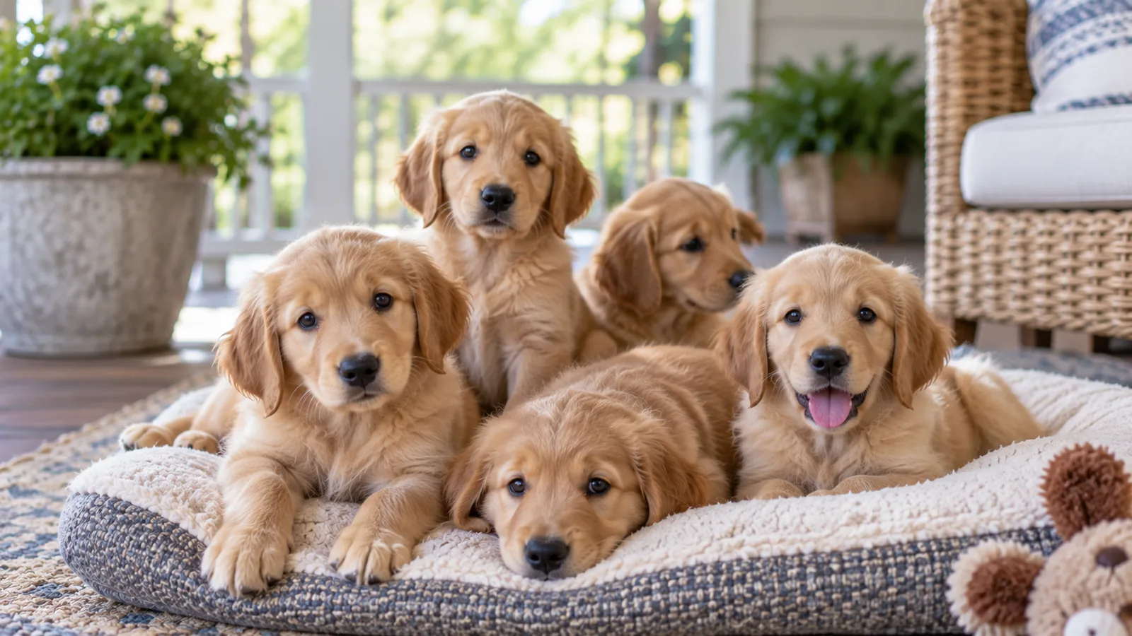 Five golden retriever puppies lying together on a large cushioned dog bed on a shaded porch