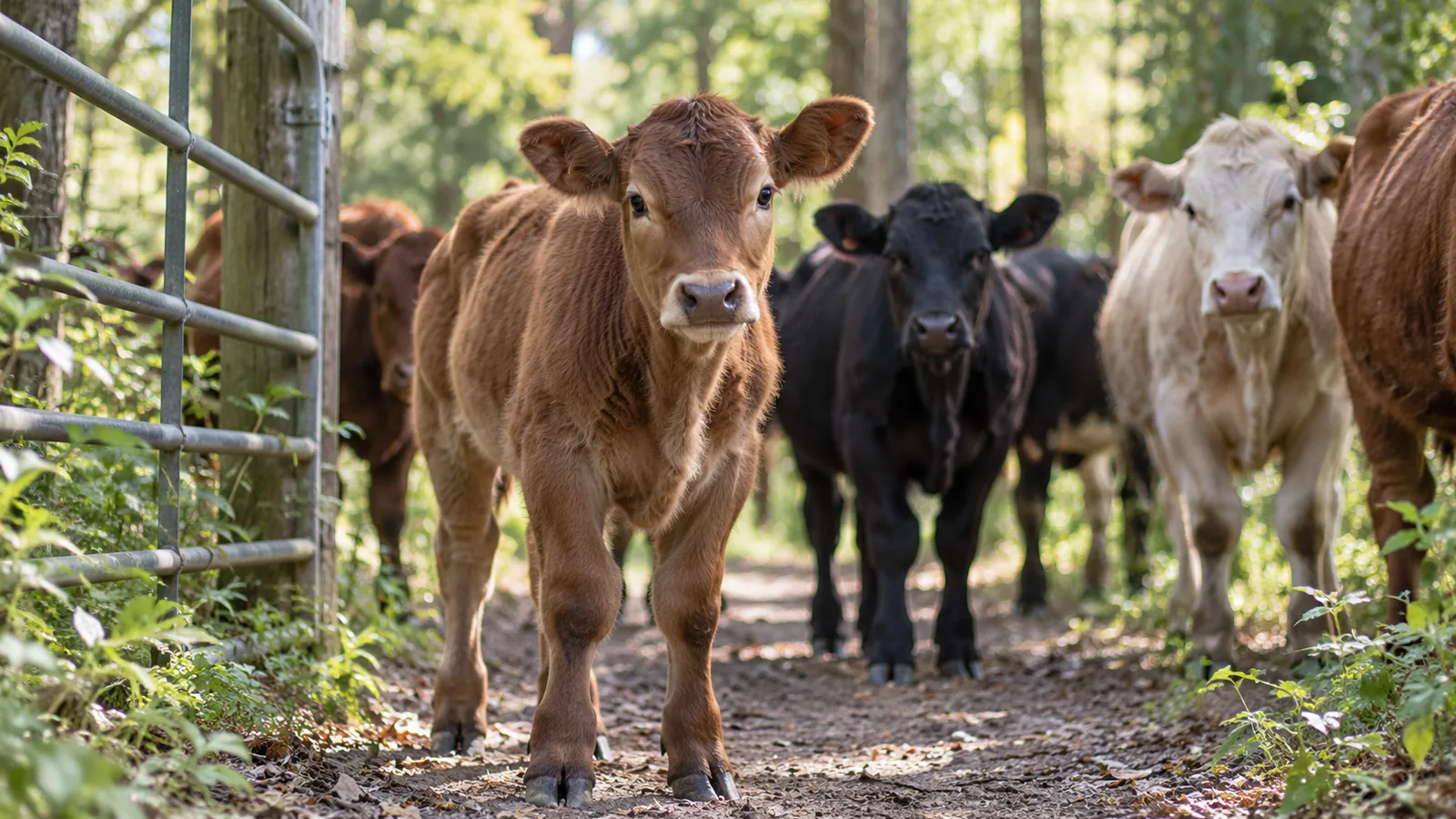 A brown calf leading a small group of cattle down a dirt lane past an open metal farm gate